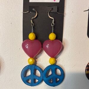 Y2K Chunky Pink Heart+Blue Peace Sign Dangles | Handmade Statement Earrings 😍